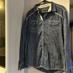 Buckle Black Men's Large Snap Button Down Shirt Thick Stitch Western Chambray